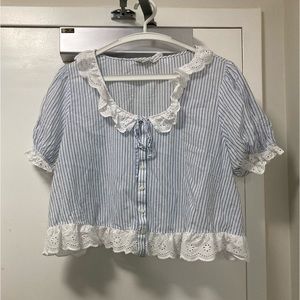 Blue and White Ruffle Cottagecore Top